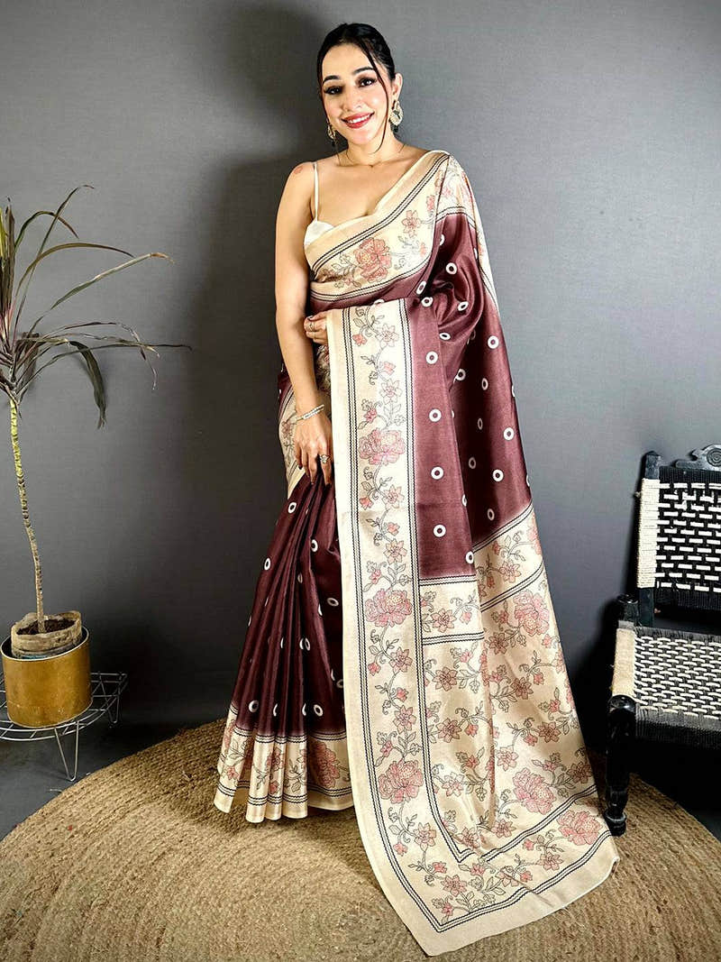 Stylish Tussar Polka Dot Floral Print Saree