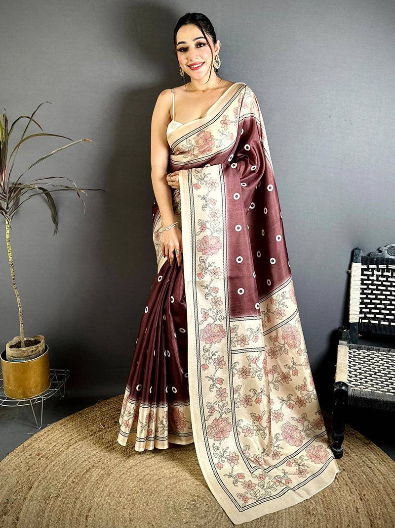 Stylish Tussar Polka Dot Floral Print Saree