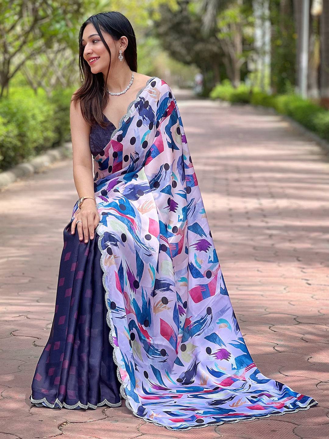 Navy Batik and Polka Dots Print Saree, graceful look