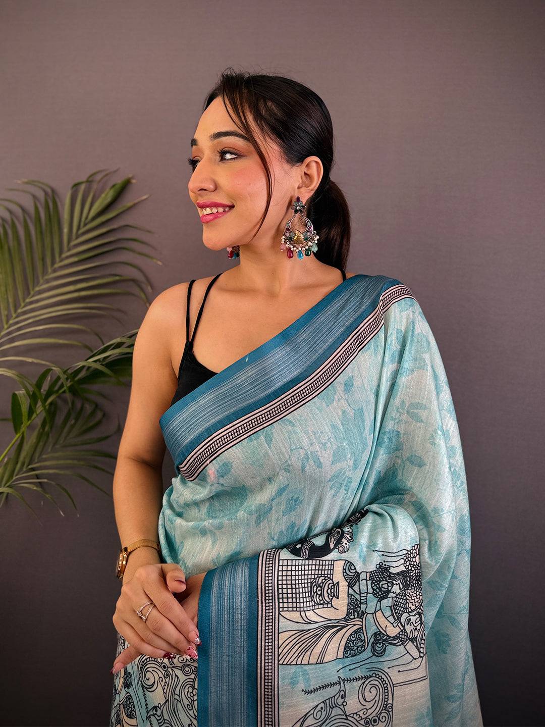 Sky Blue Linen Kalamkari Printed Saree