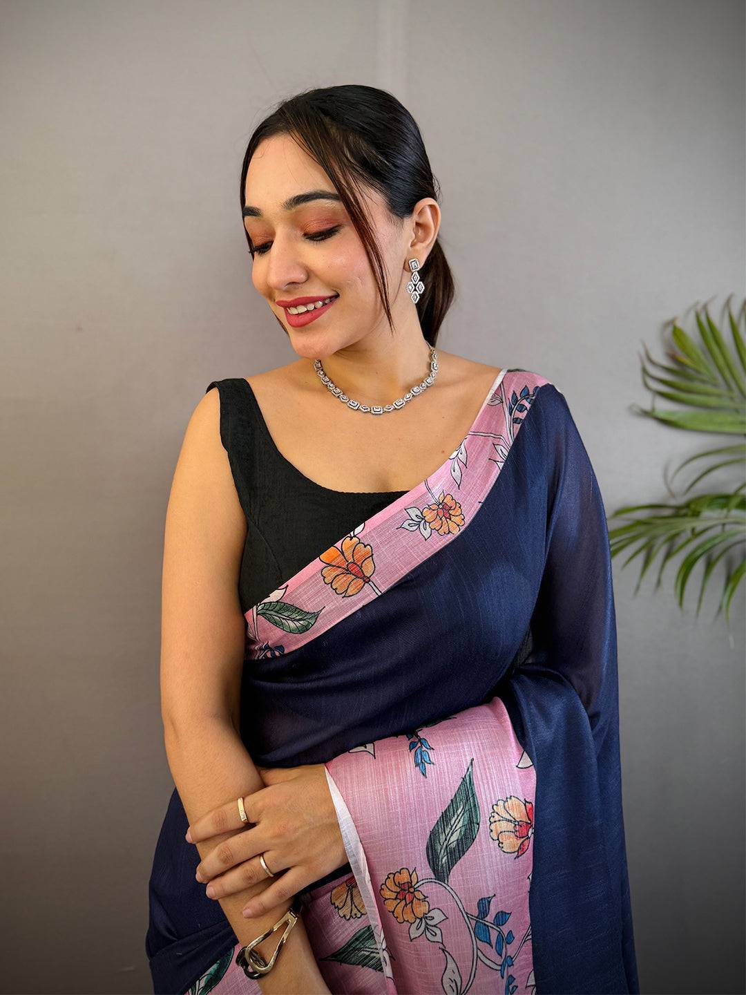 Navy Linen Kalamkari Print Saree