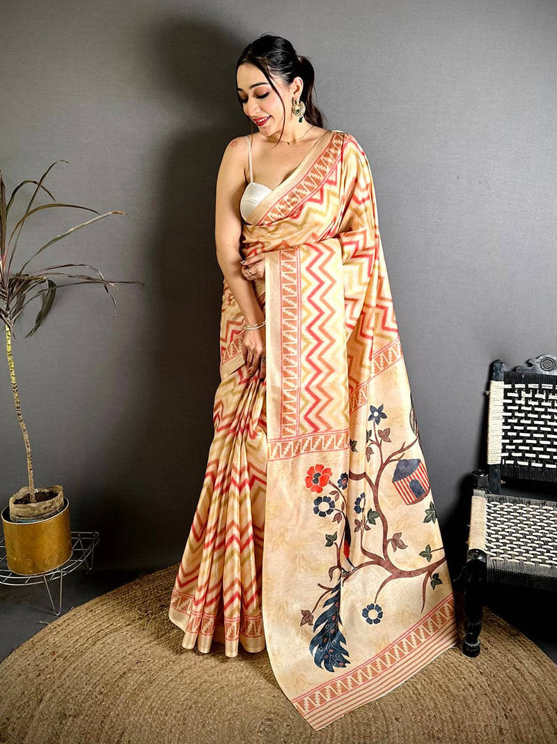 Elegant Tussar Chevron Floral Print Saree