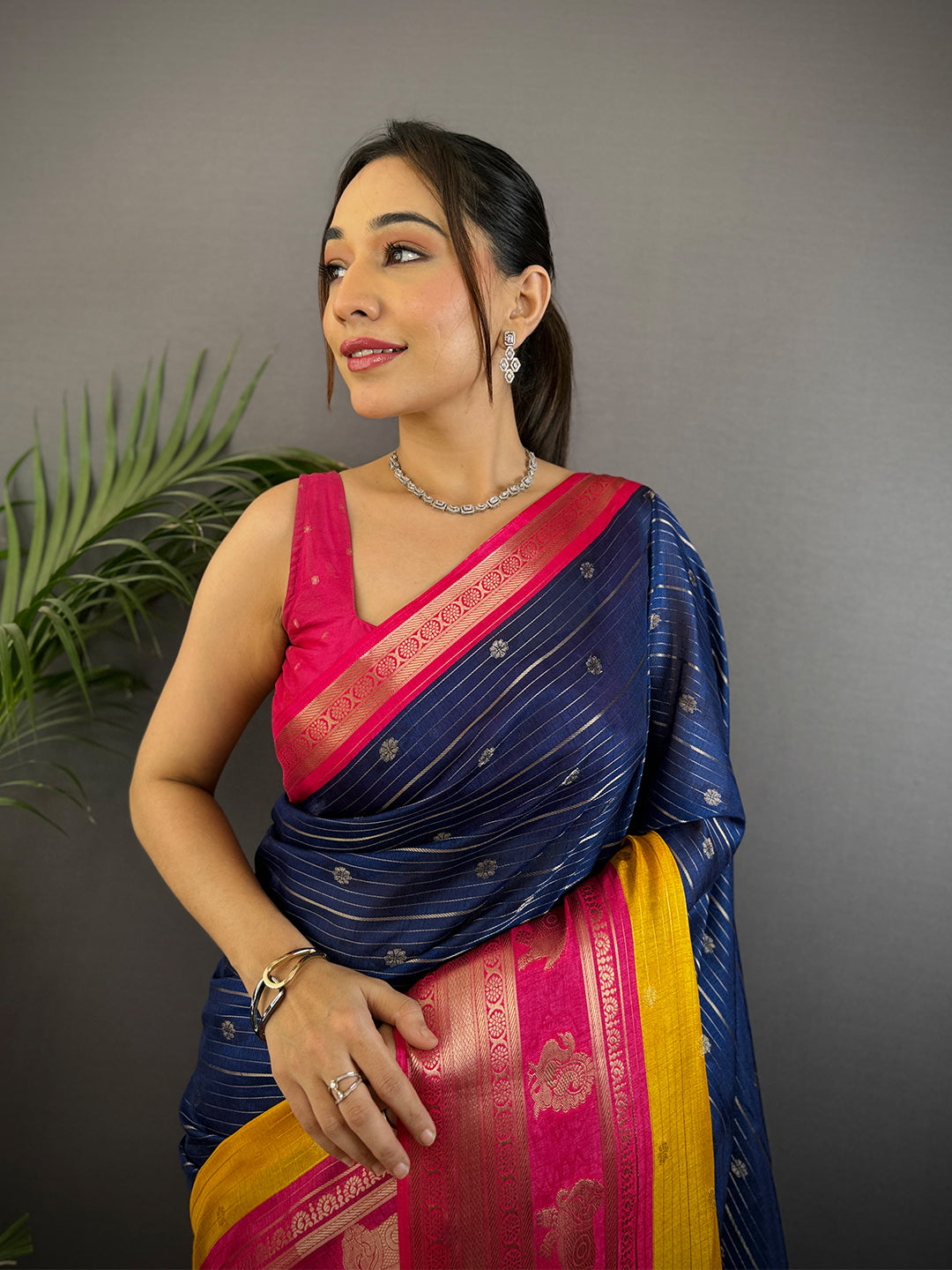 Royal Blue Soft Dola Silk Striped Print Saree