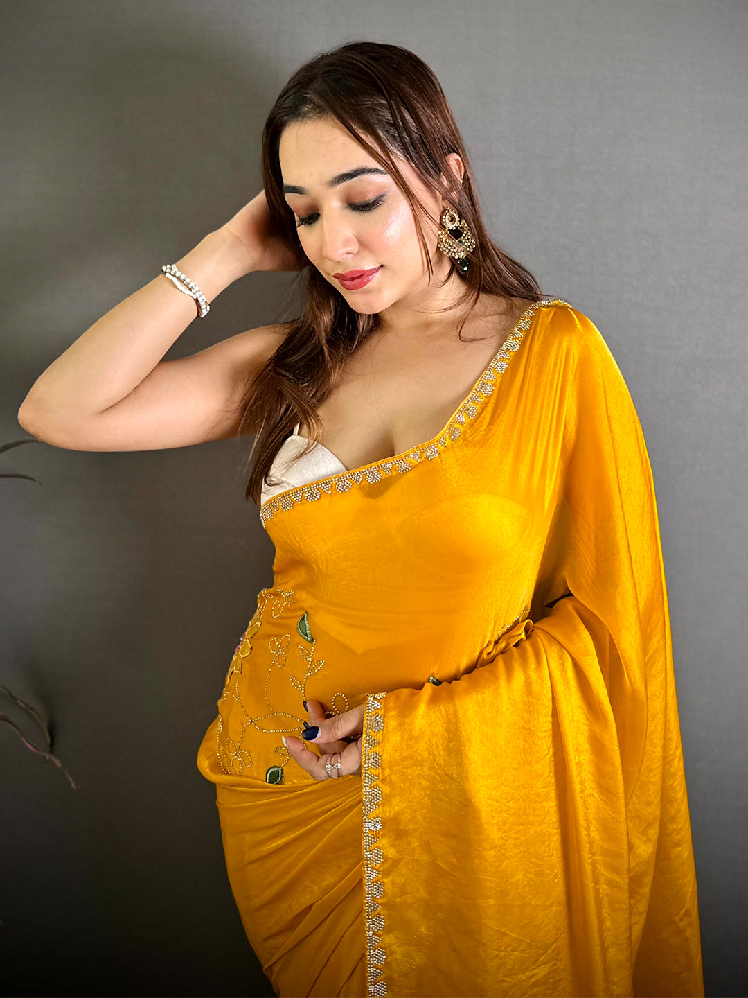 Yellow Embroidered Butta Satin Zari Saree