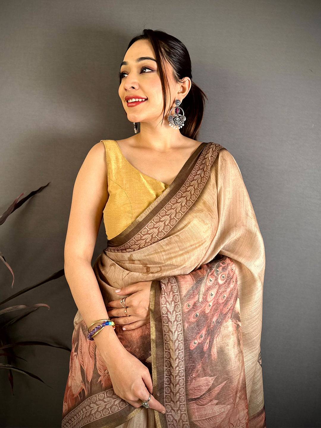 Elegant Art Poster Pallu Kalamkari Linen Saree