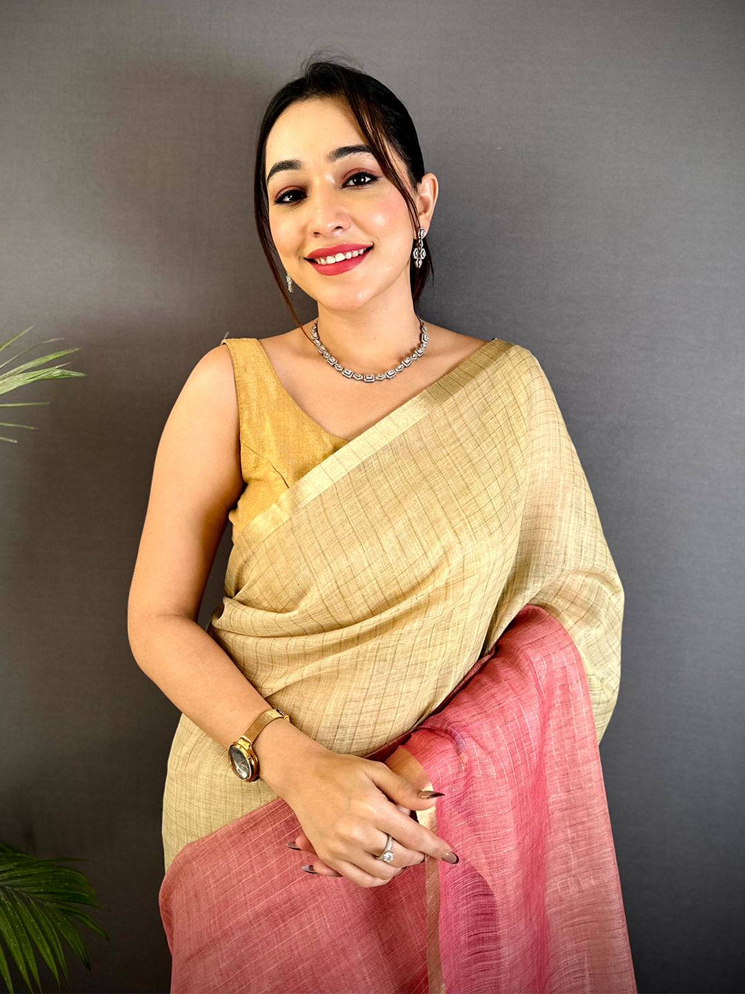 Tradition Linen 90 Zari Check Saree