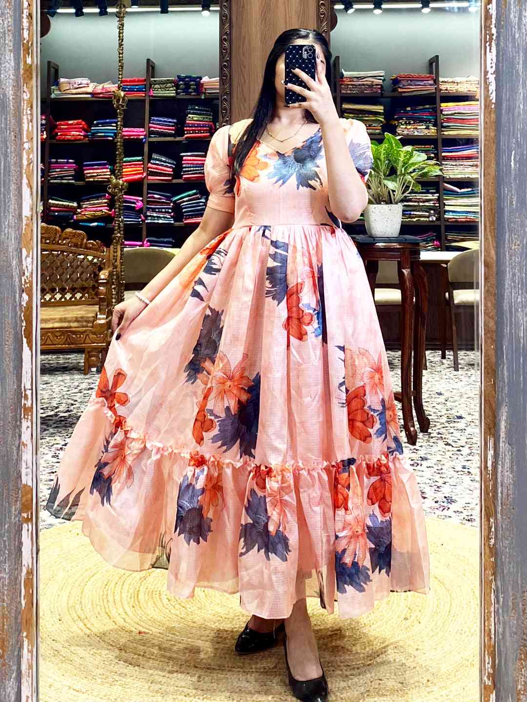 Pastel Peach Floral Print Midi Dress