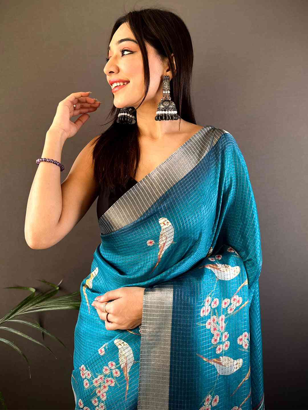 Blue Chanderi Check Sparrow Print Saree