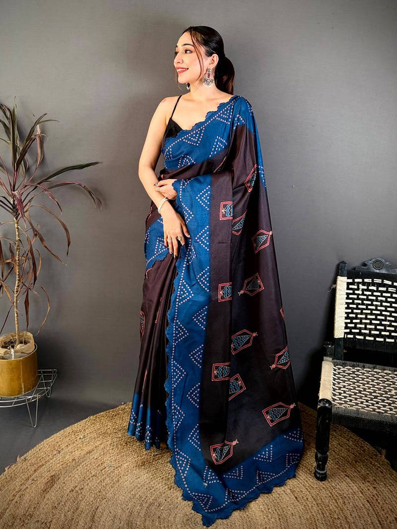 Heritage Ajrakh Print Tussar Bandhani Saree