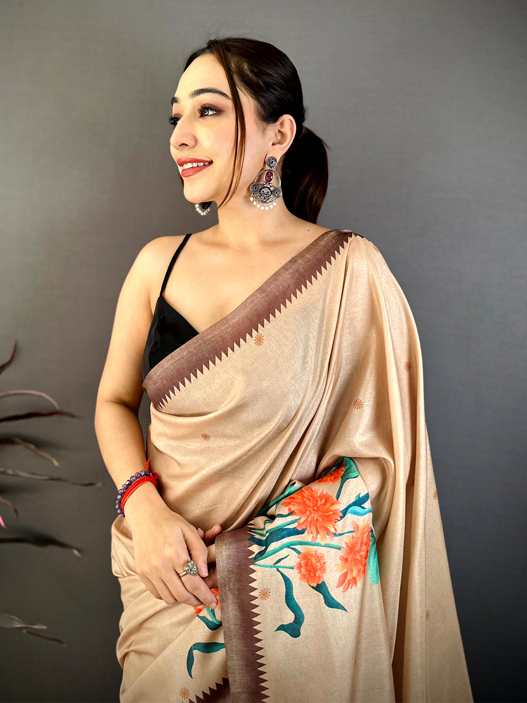 Stylish Beige Tussar Floral Print Saree