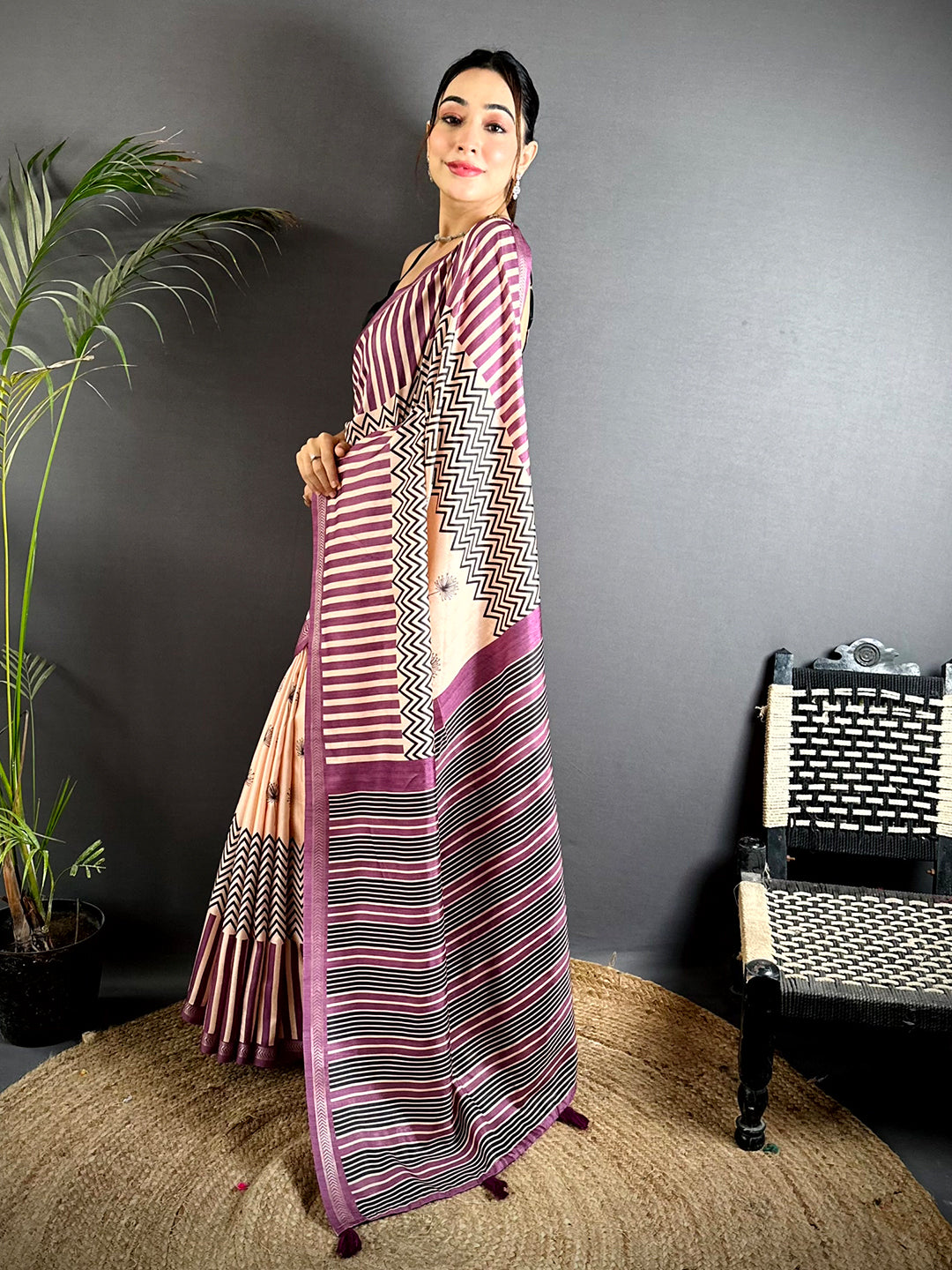 Elegant Tussar Ghicha Geometric Fusion Saree