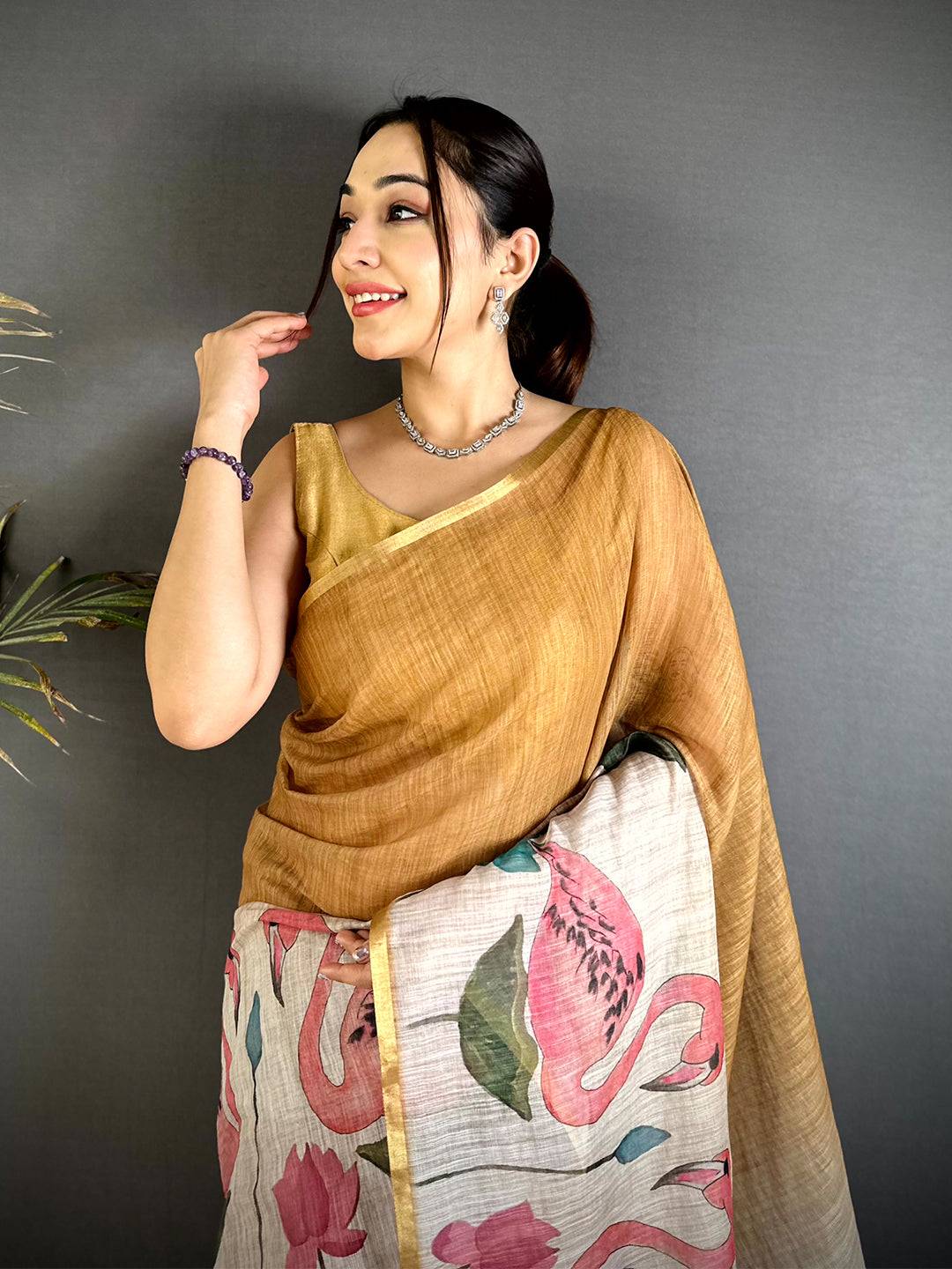 Mustard Swan Gold Zari Linen Saree