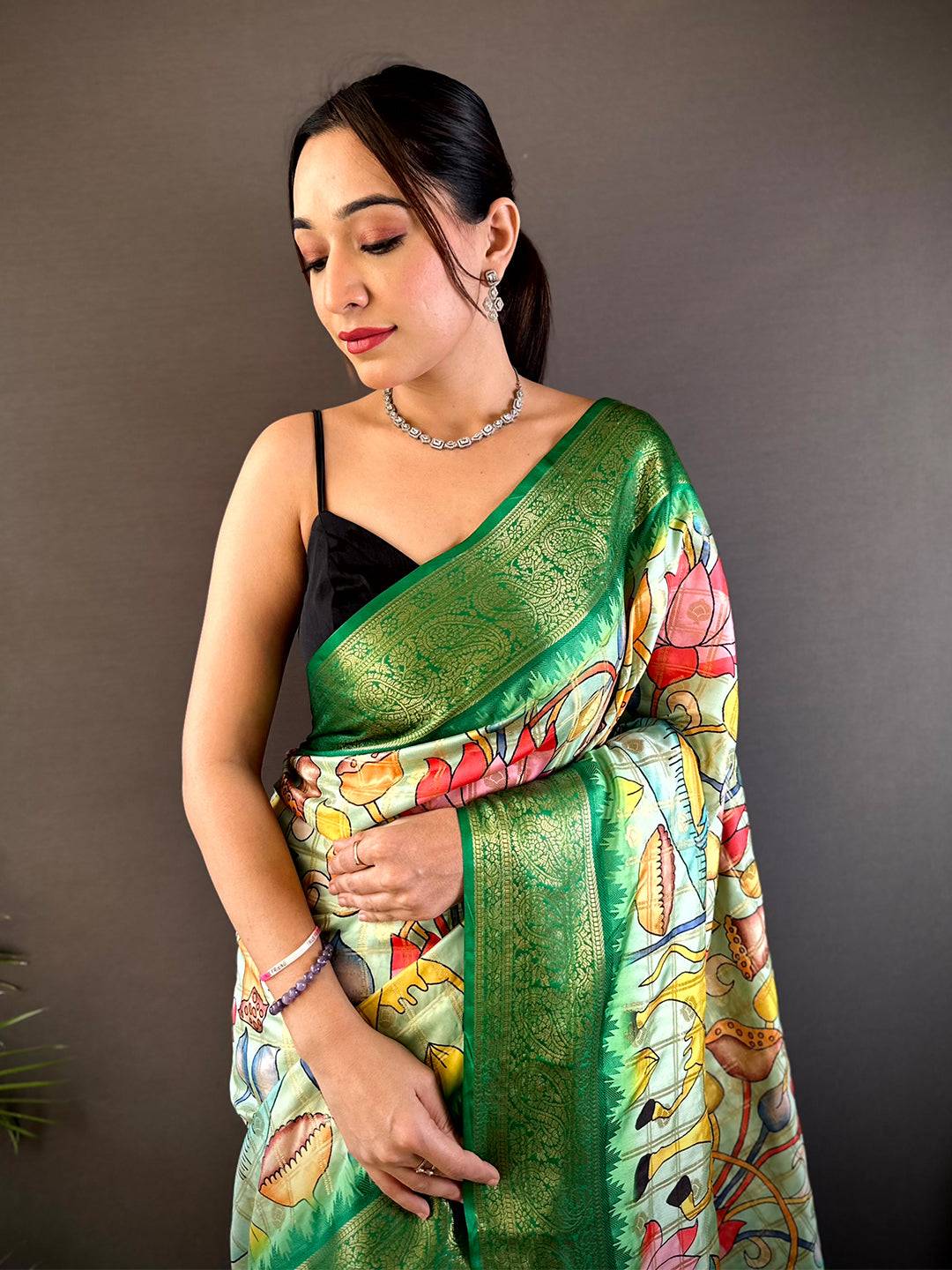 Green Banarasi Silk Lotus Kalamkari Saree