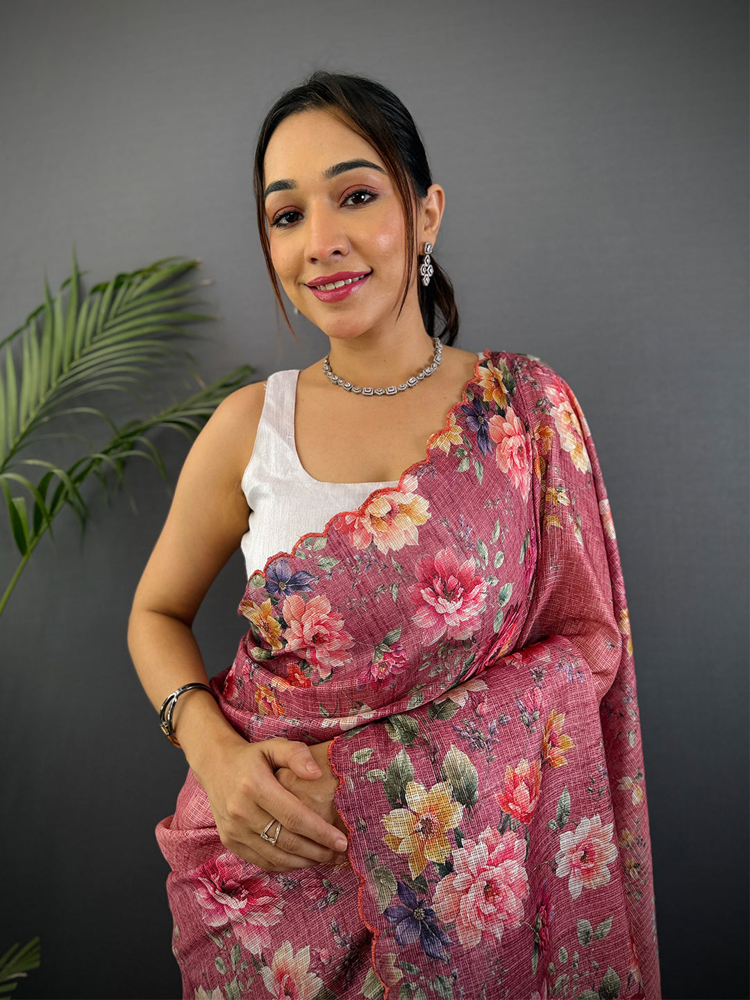 Rose Pink Kota Floral Digital Cut Work Saree