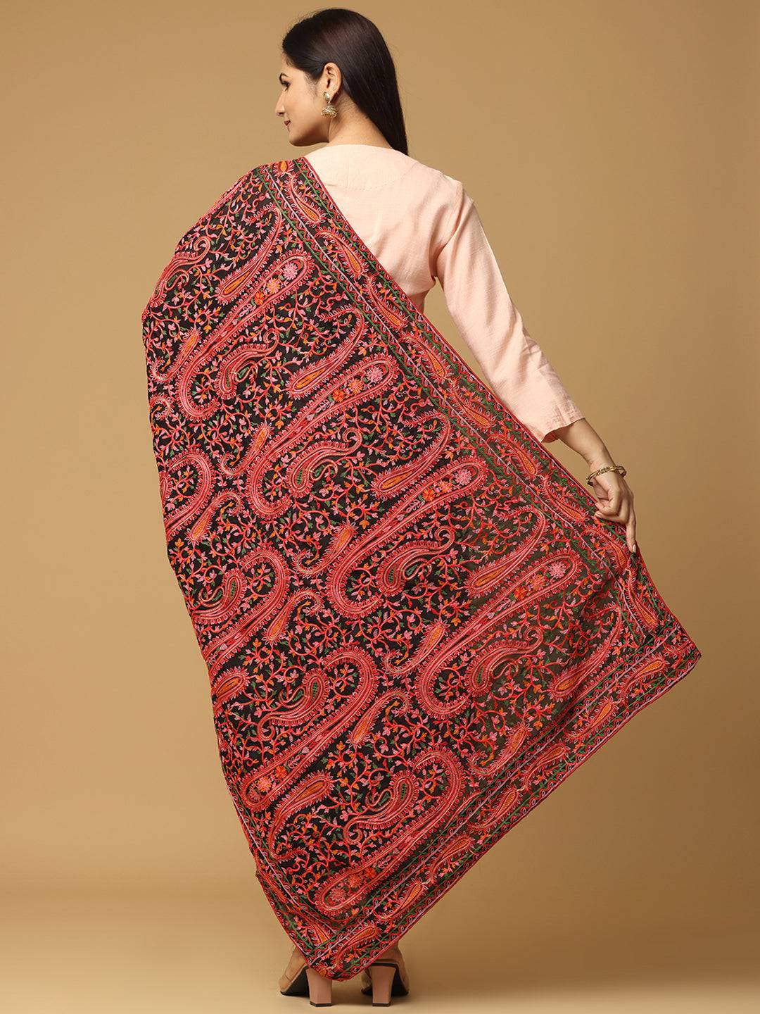 Back view of black poly chiffon dupatta with intricate threadwork