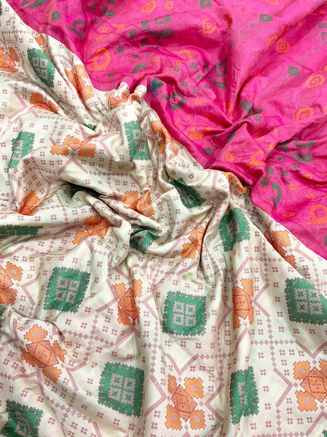 White Soft Silk Saree With Patola Weaving