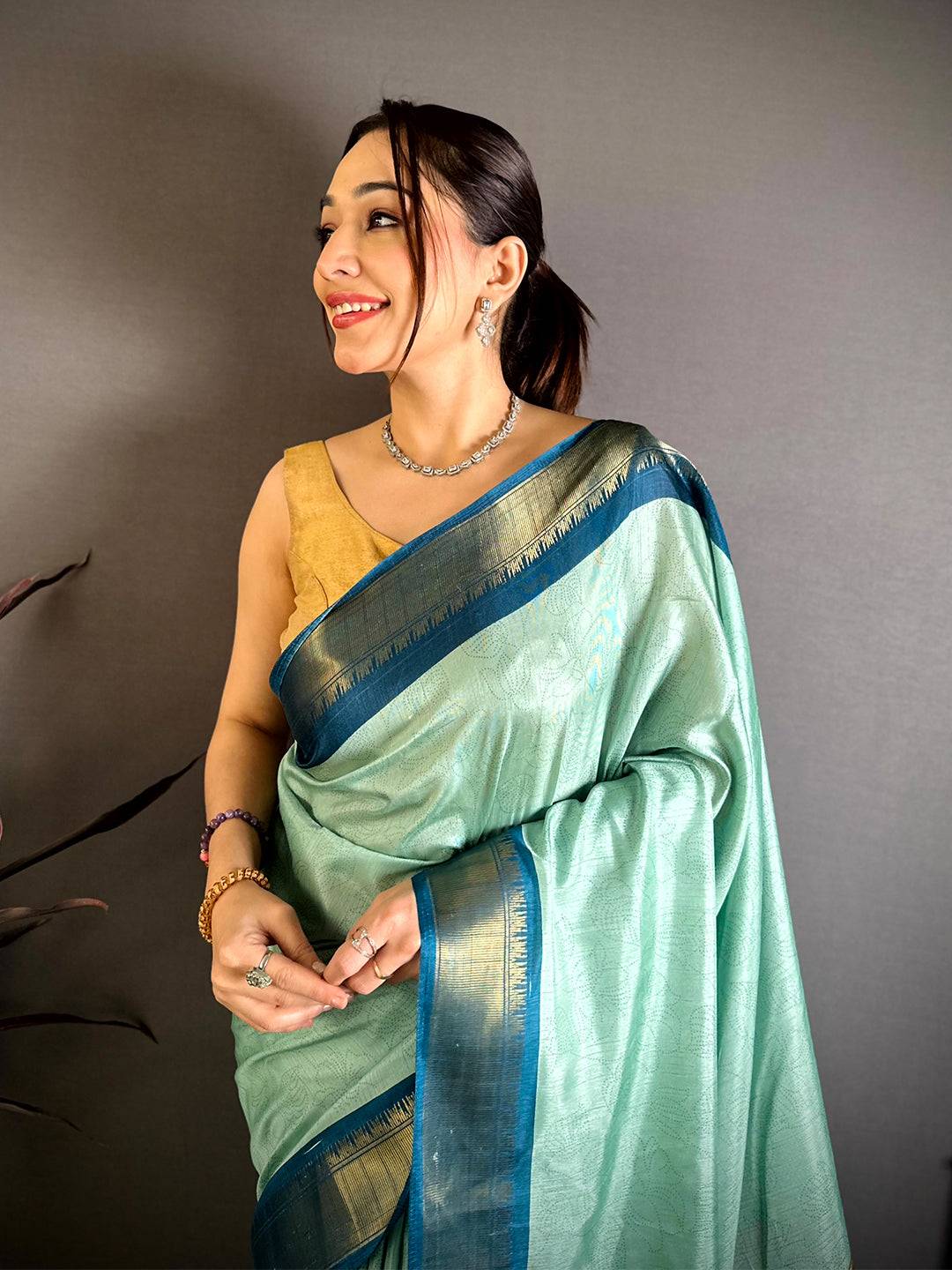 Mint Green Kalamkari Pallu Dola Saree