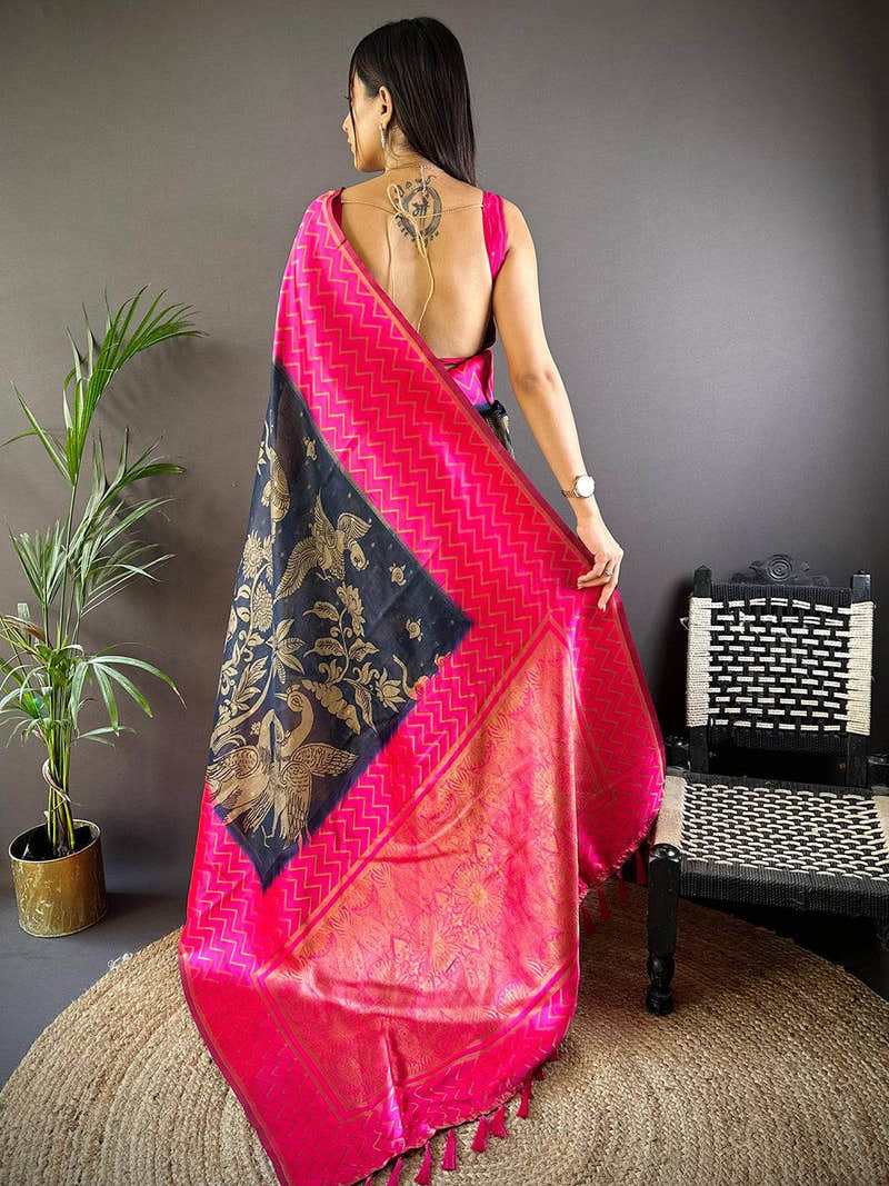 Pink Heritage Weave Kalamkari Soft Silk Saree