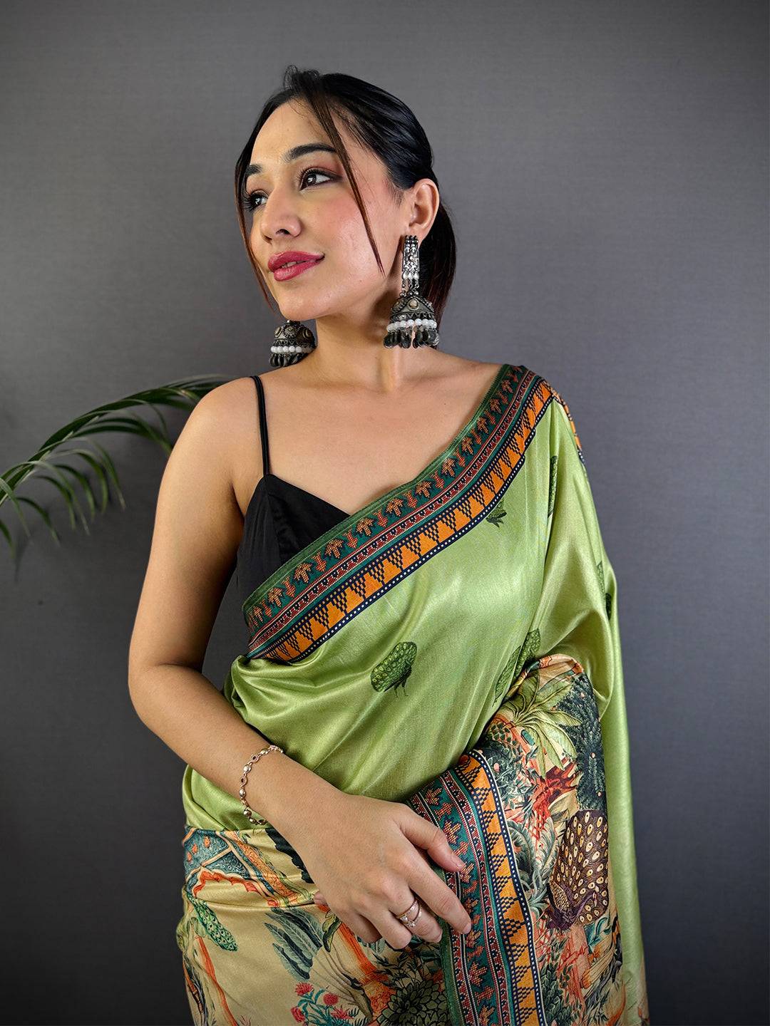 Olive Soft Dola Silk Printed Saree