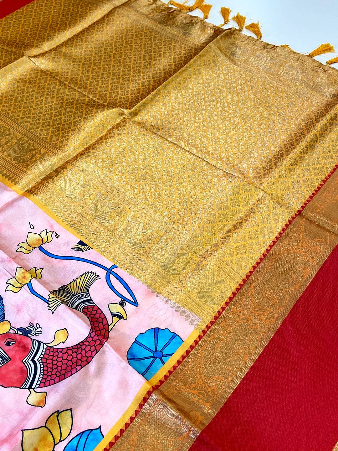 Vibrant Light Pink Banarasi Kalamkari Silk Saree