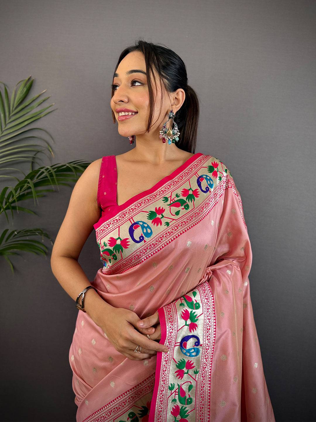 Baby Pink Soft Silk Paithani Meenakari Saree