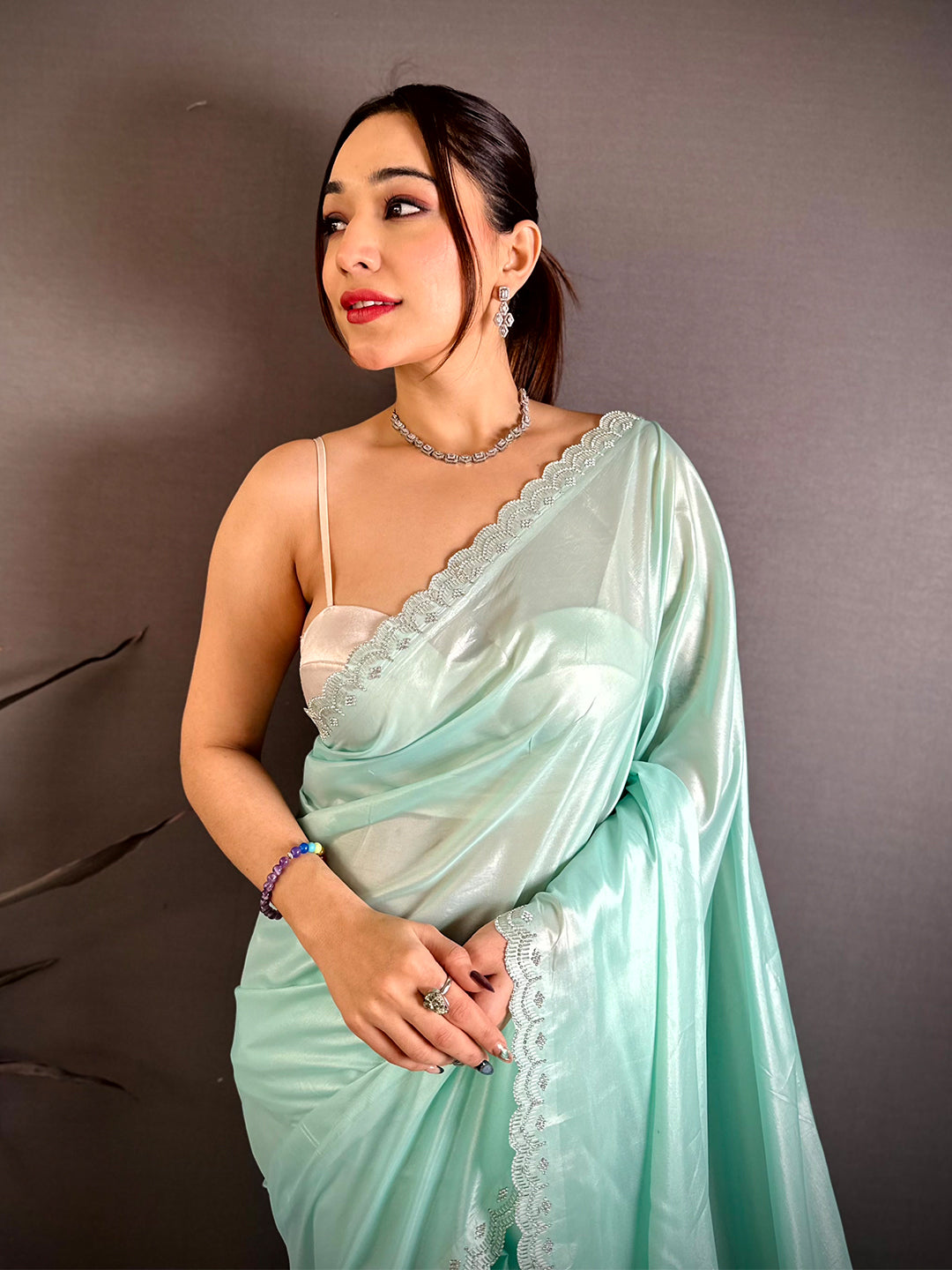 Regal Silver Glass Swarovski Silk Saree