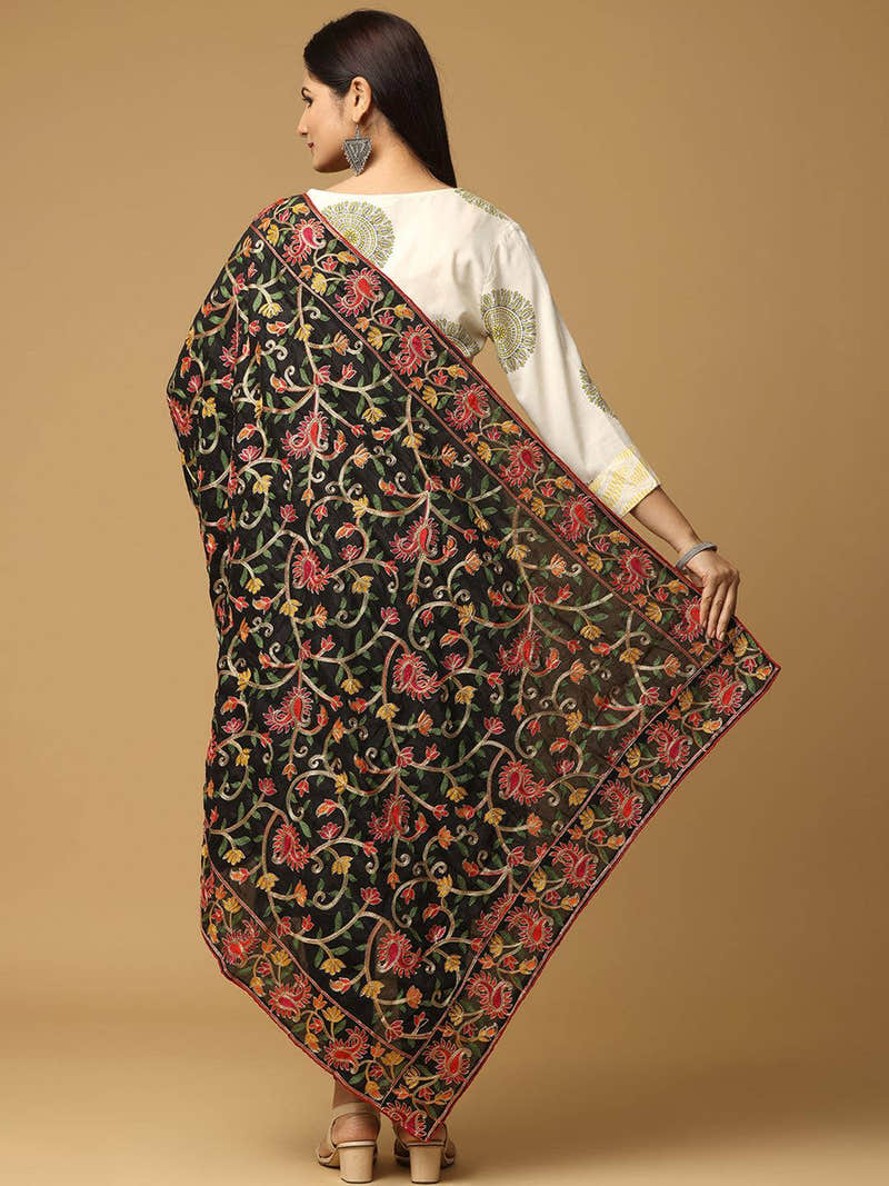 Black Delicate Floral Vine Pashmina Dupatta