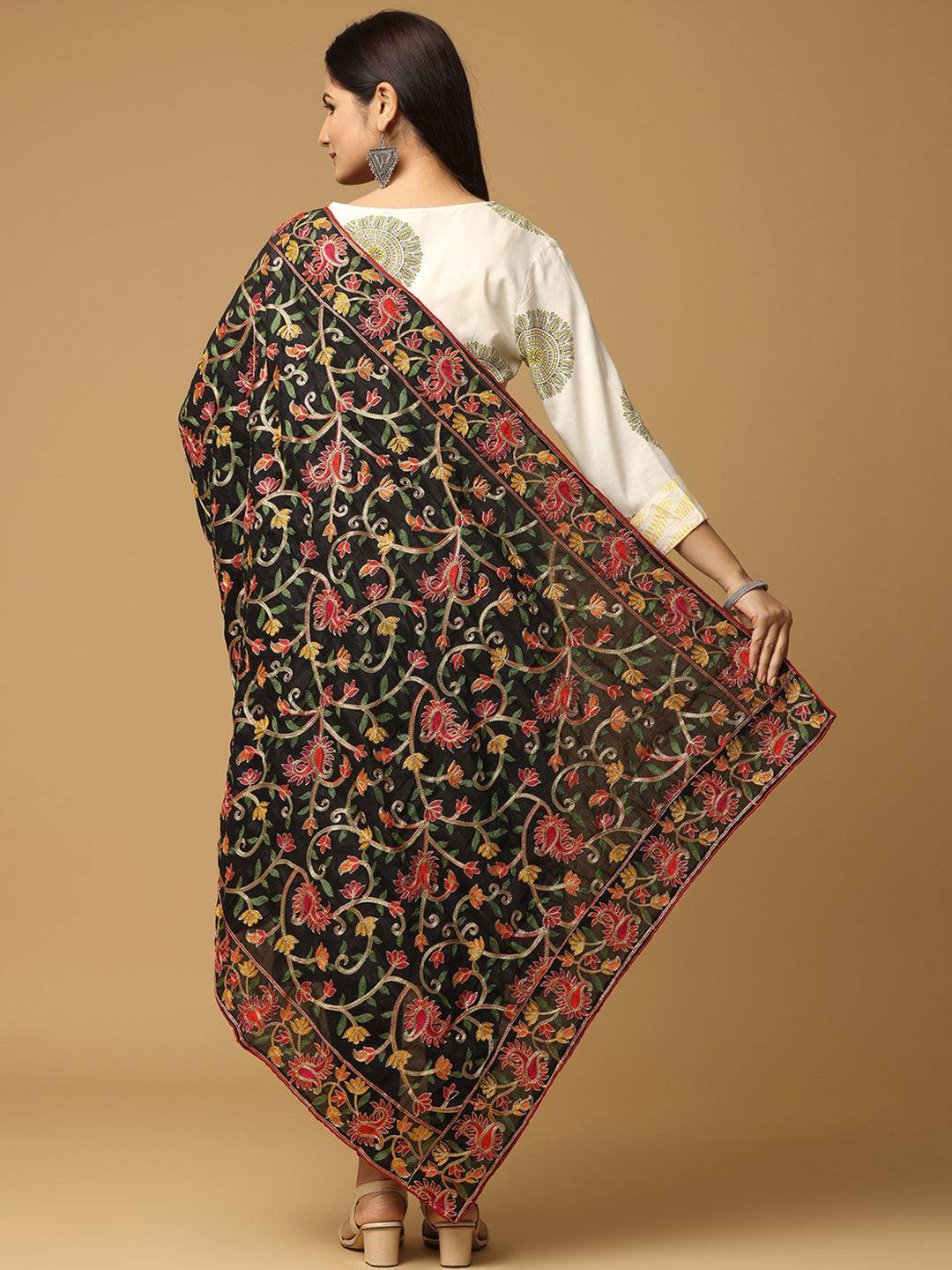 Back view of black chiffon dupatta with intricate embroidery