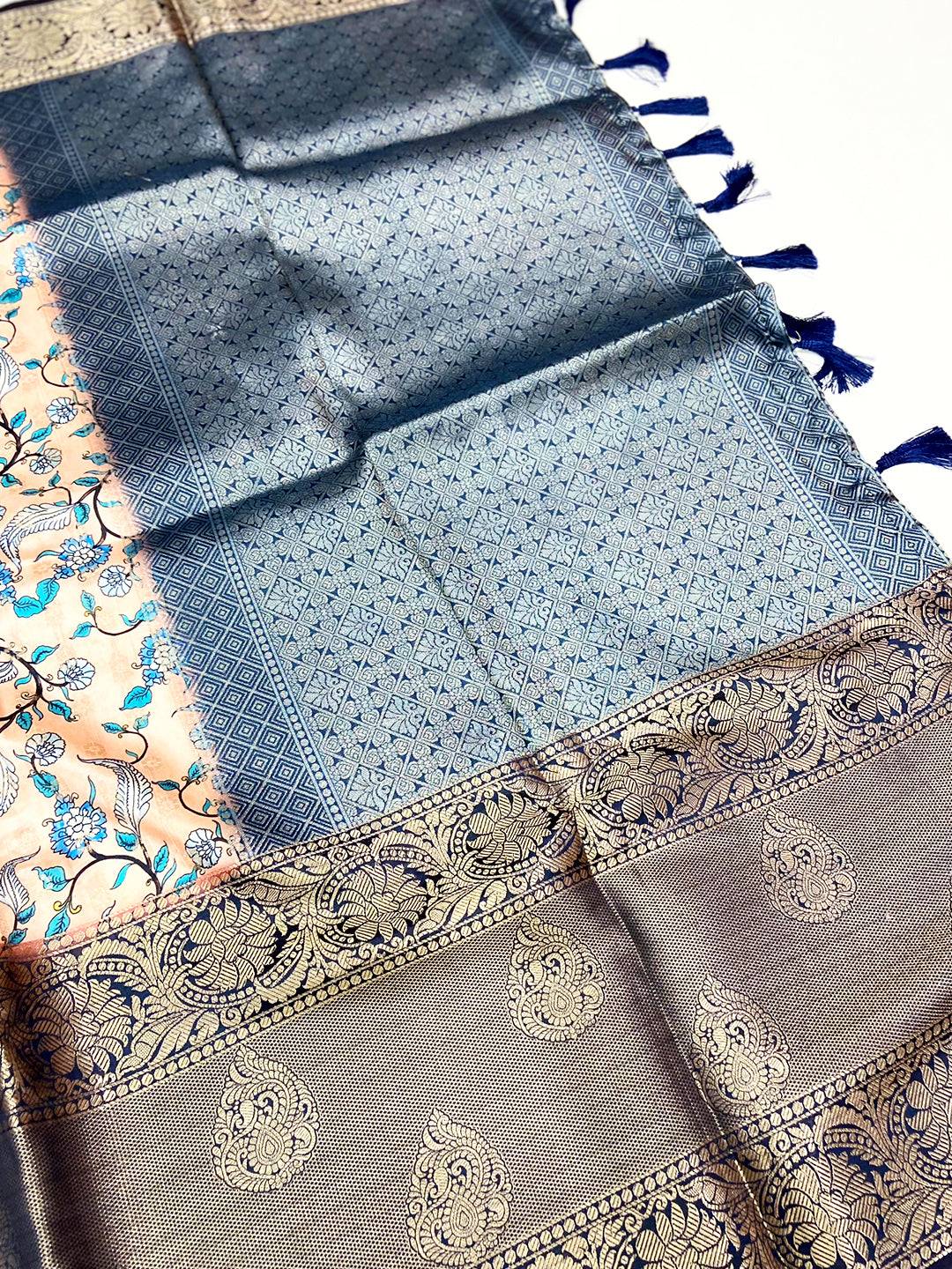 Off White Floral Printed Banarasi Silk Saree