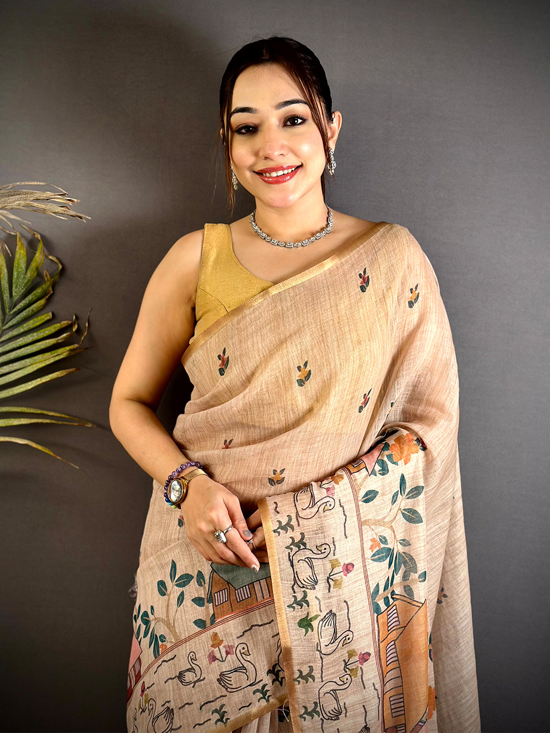 Peach Kalamkari Madhubani Print Saree