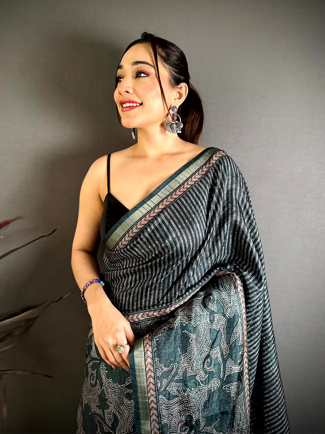 Bottle Green Digital Katha Work Saree