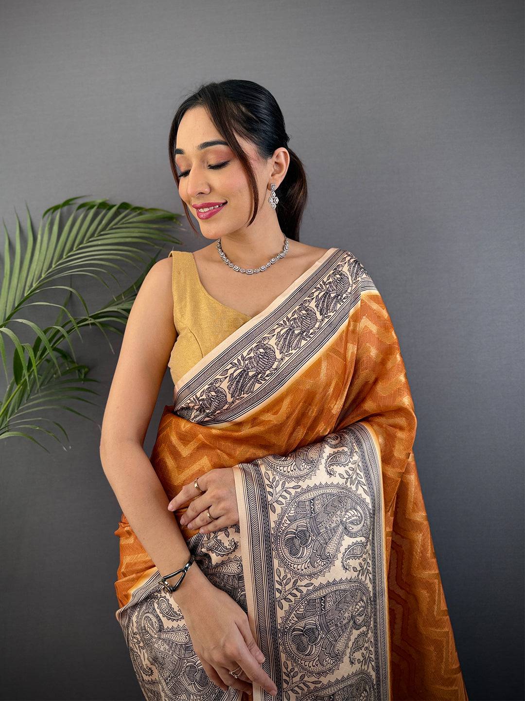 Rust Orange Madhubani Print Soft Silk Saree
