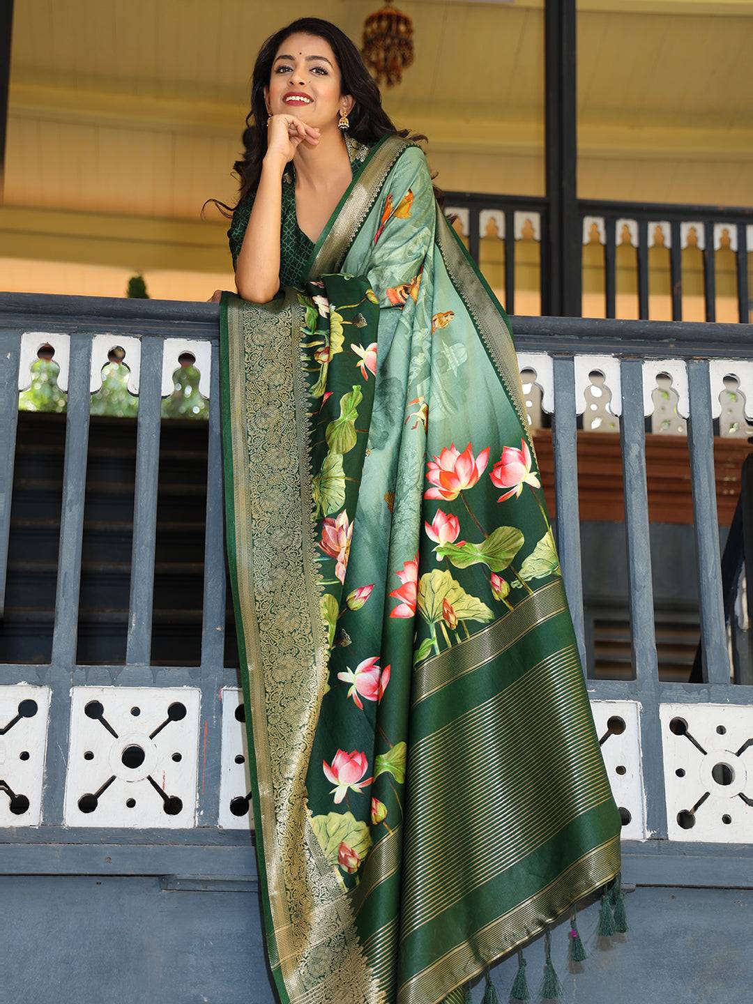Green Colour Pure Viscose Dola Silk Saree with Floral Print