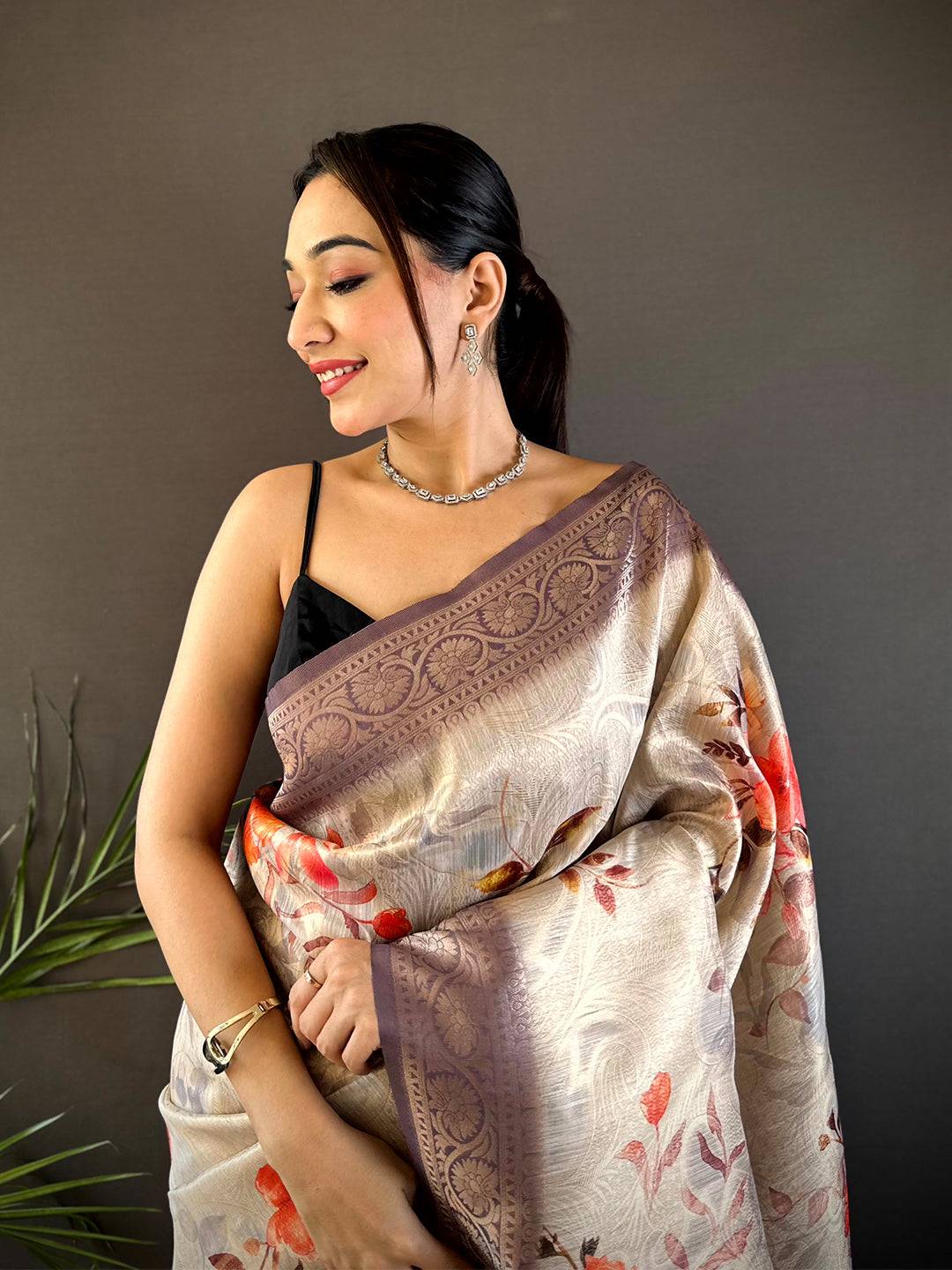 Ivory Slub Ghicha Placement Print Saree