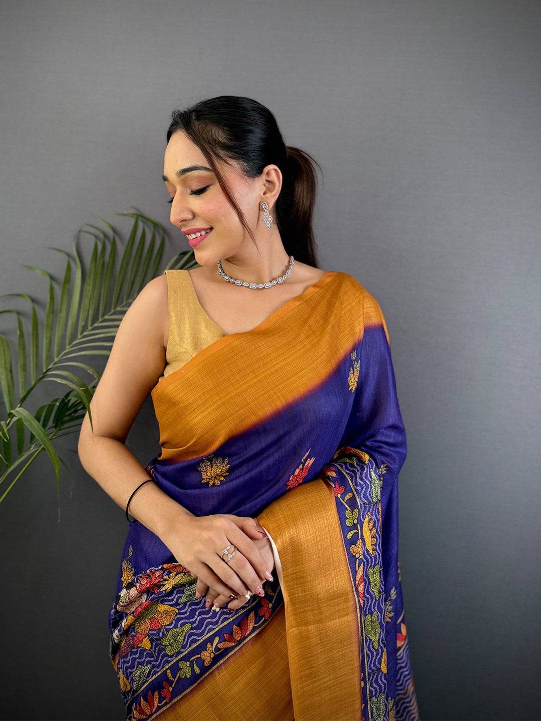 Purple Aari Pashmina Print Linen Saree