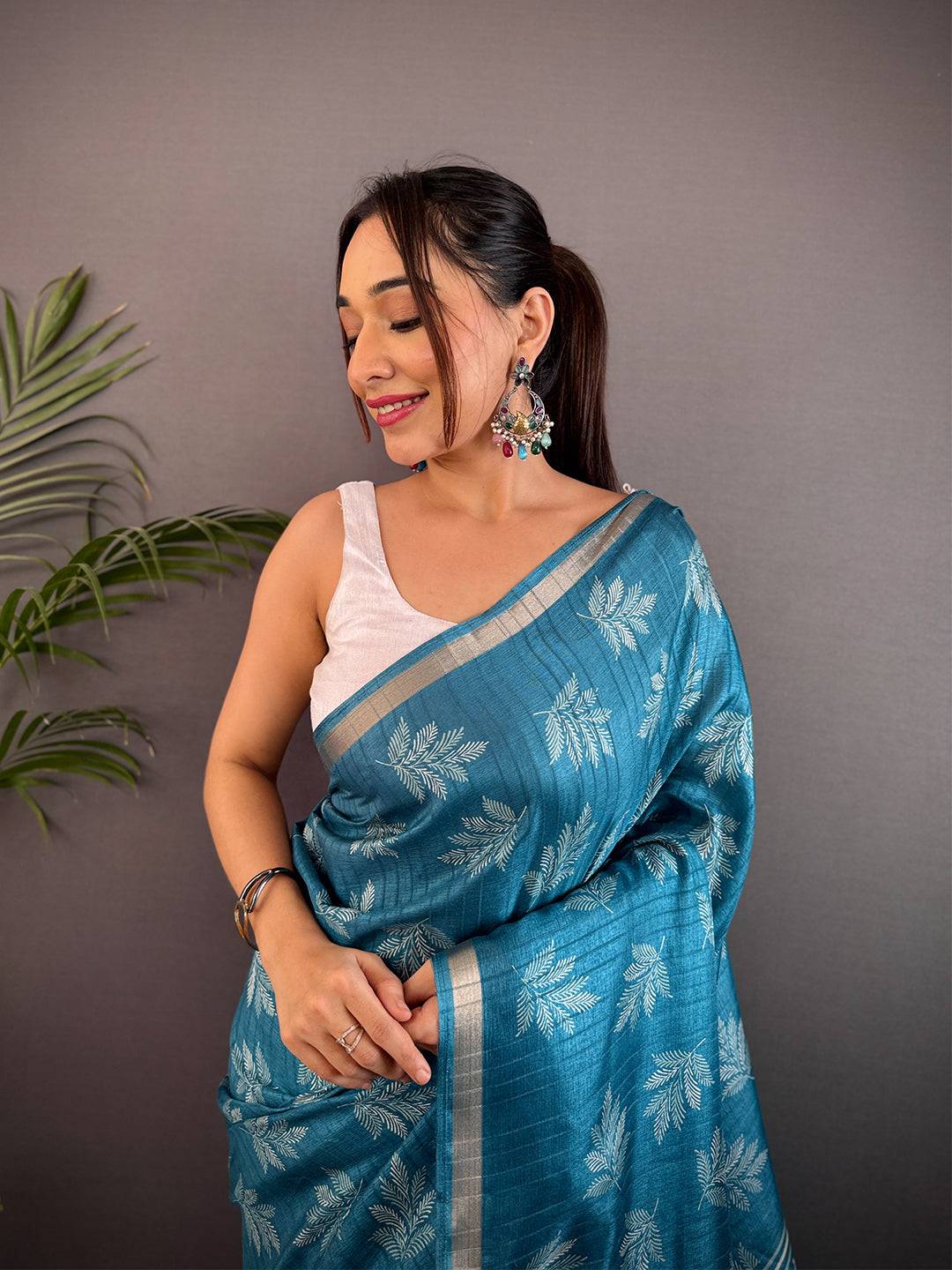Teal Blue Leaf Print Ghicha Handloom Saree