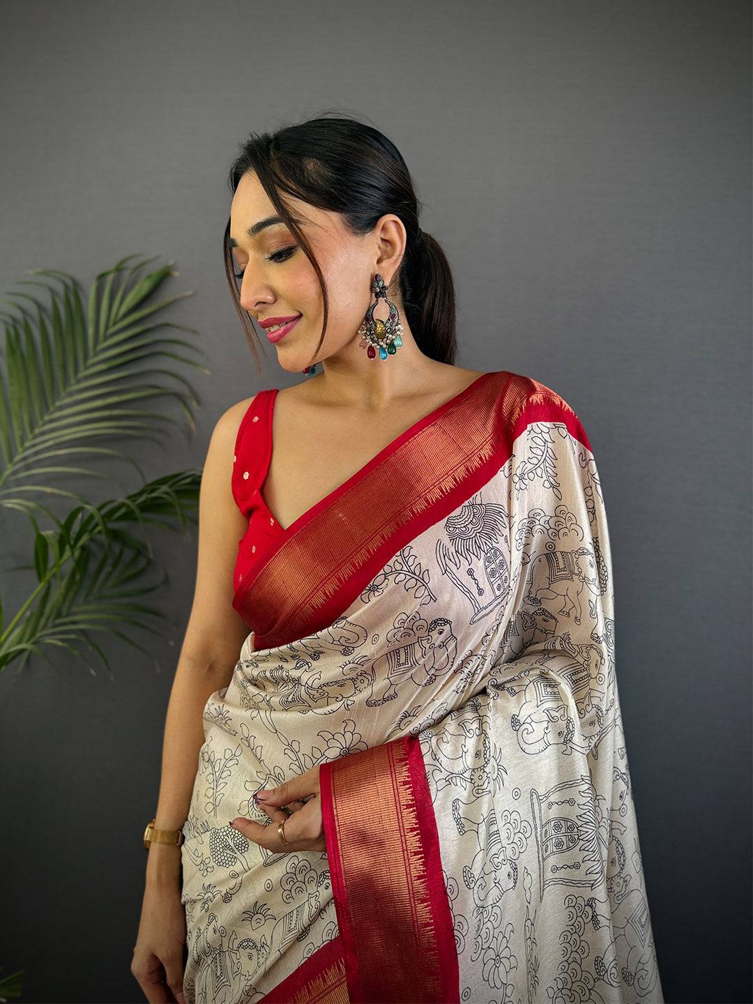 Red Dola Silk Pen Kalamkari Print Saree