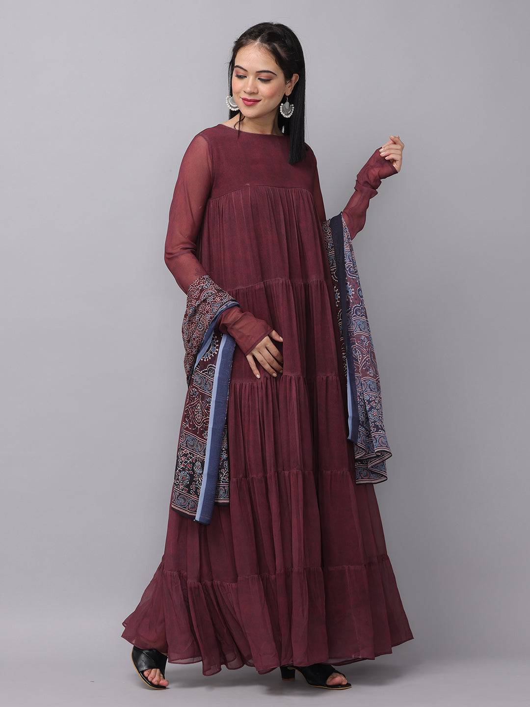 Mulberry dress with vibrant floral dupatta detail