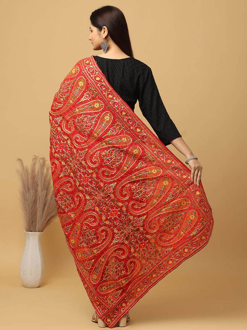 Red Ornate Paisley Medallion Pashmina Dupatta