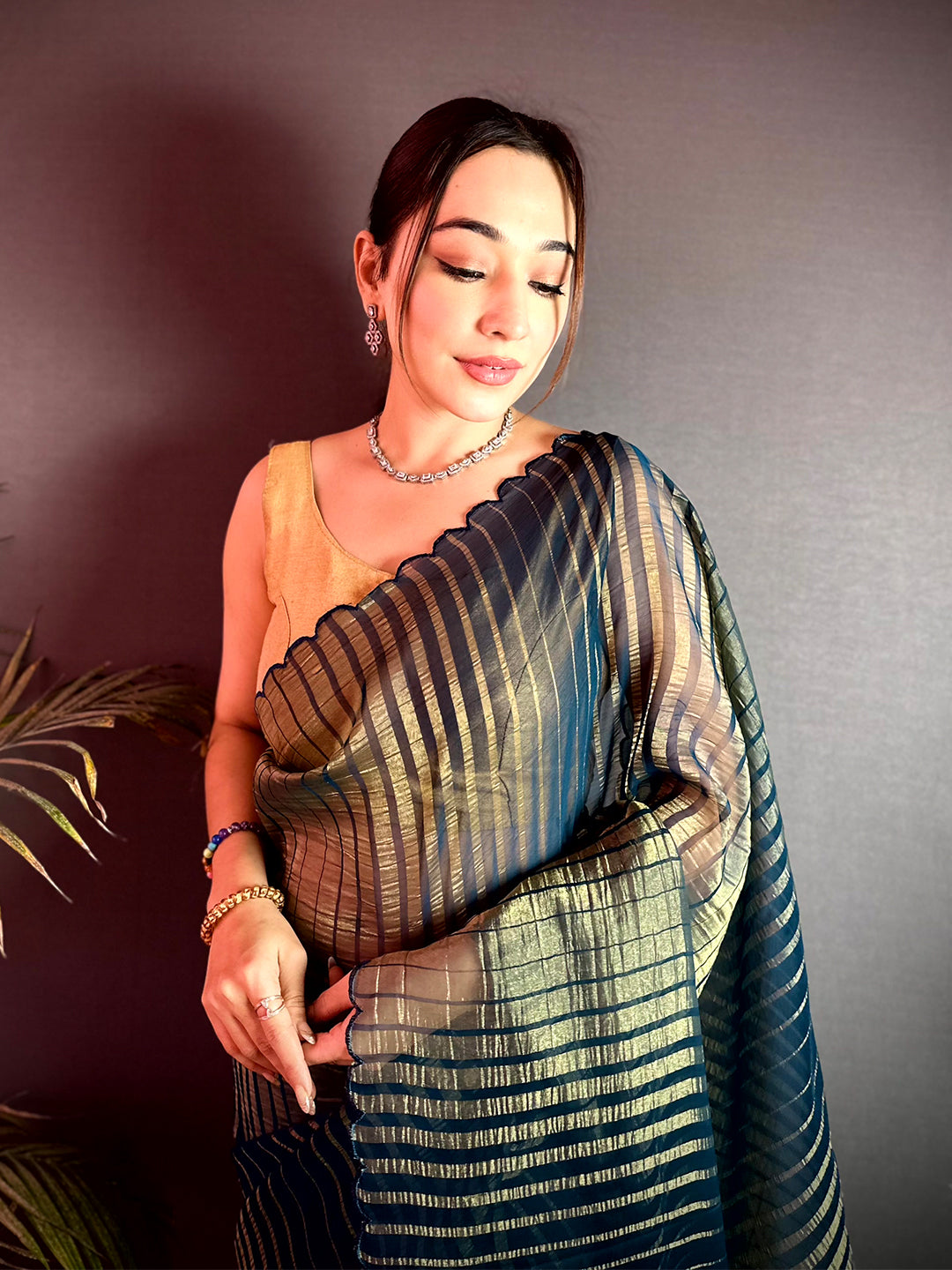 Opulent Gold Zari Striped Chiffon Saree