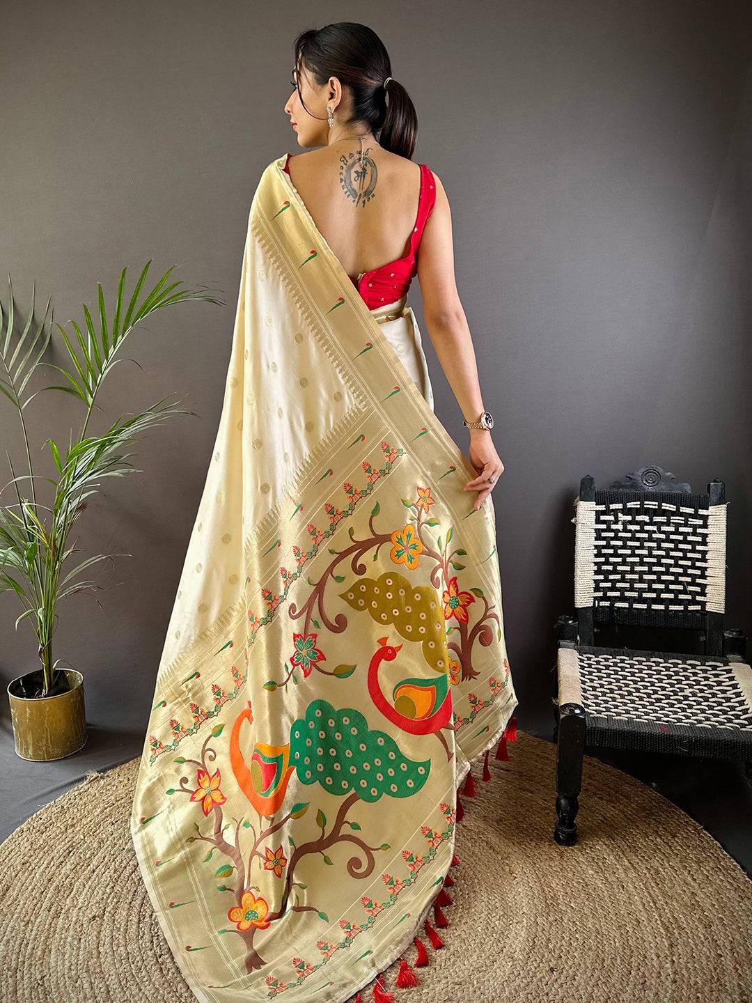 Back view of Majestic Rudraksh Paithani Silk Saree with intricate patterns