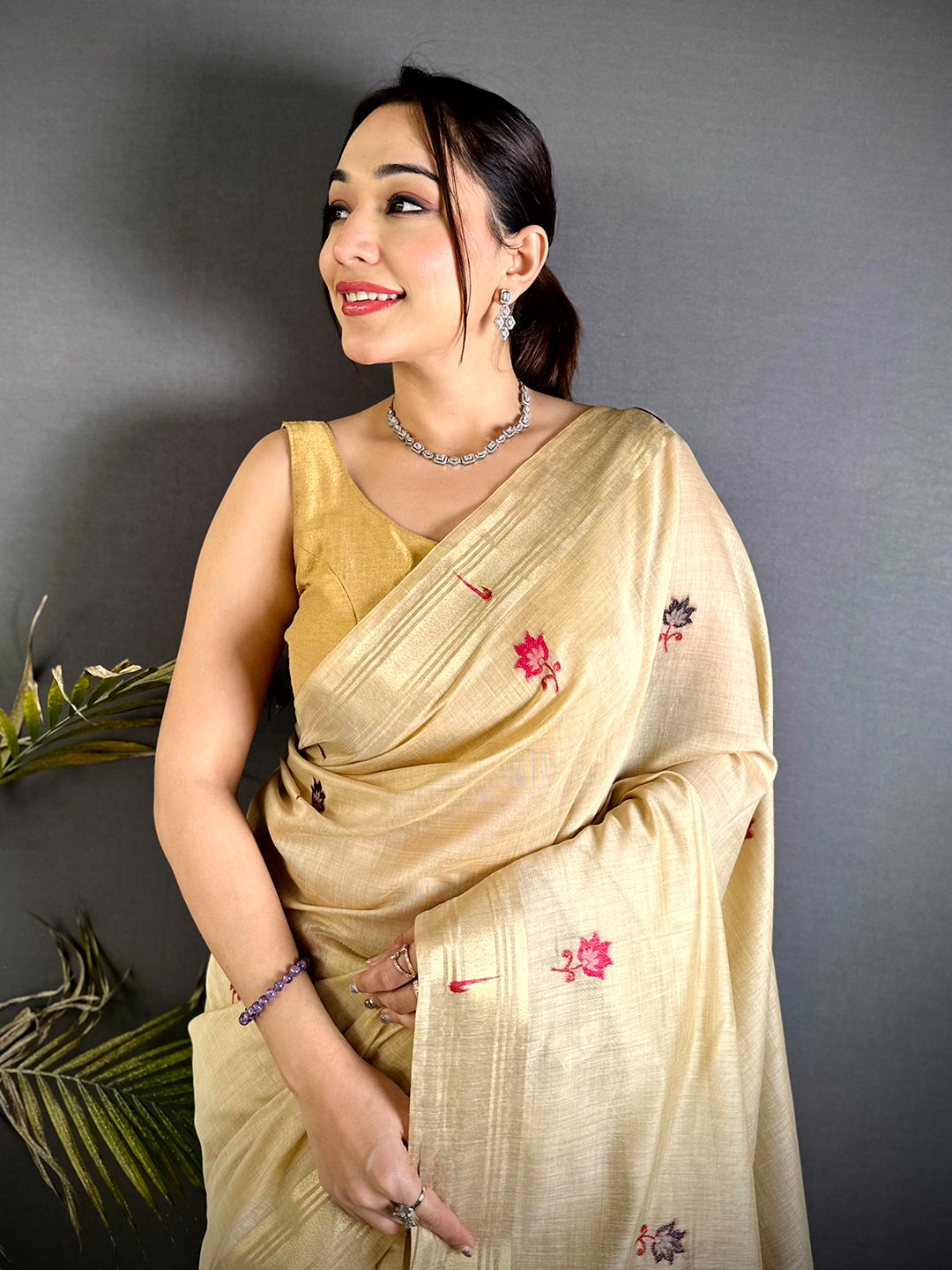 Elegance Minakari Butti Khadi Linen Saree