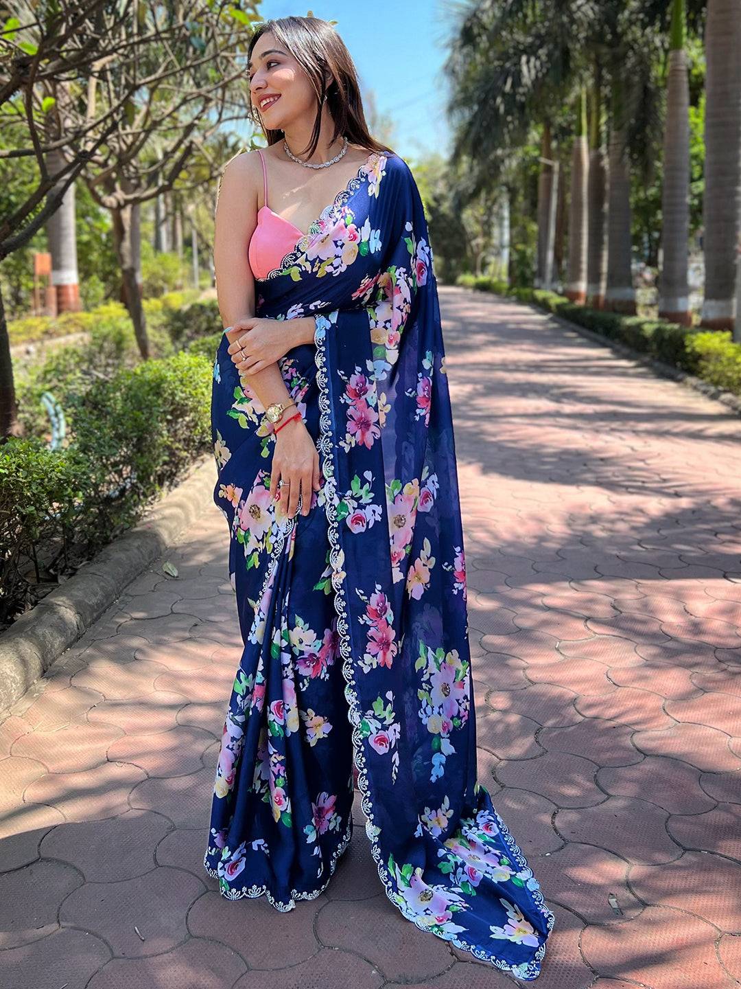 Elegant floral print saree in navy satin georgette