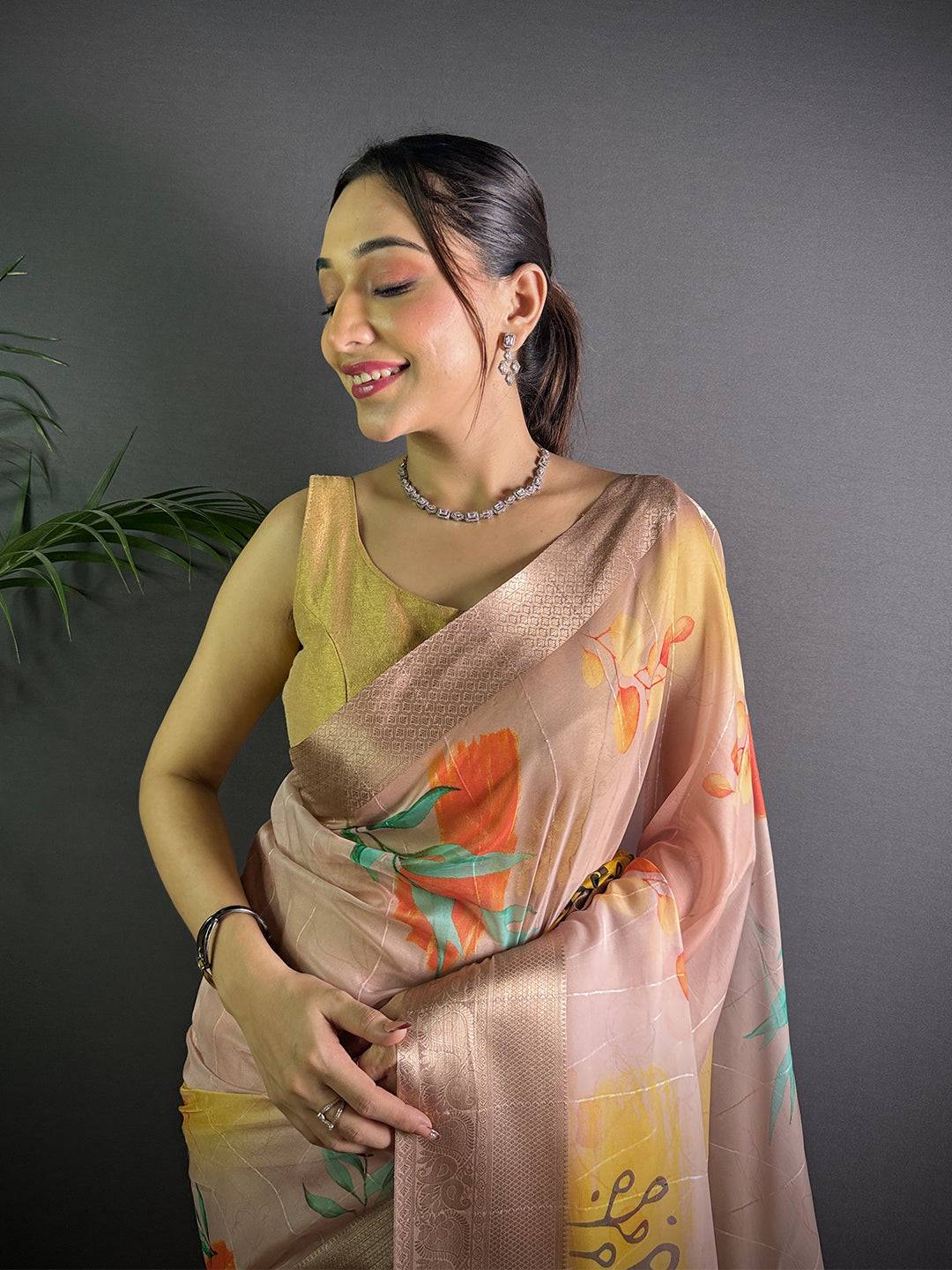 Blush Pink Soft Organza Silk Floral Saree