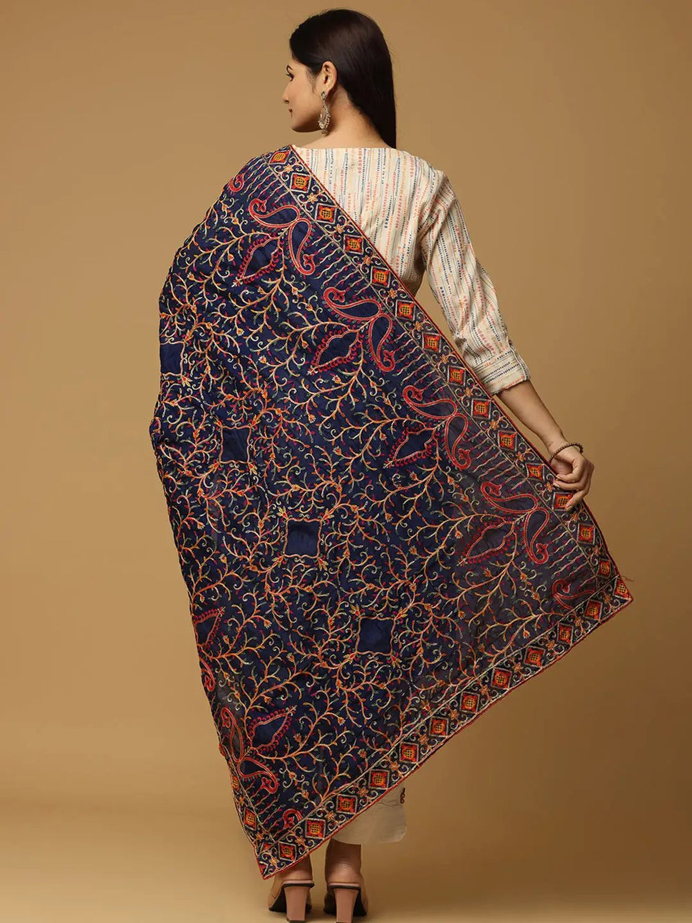 Back view of navy pashmina dupatta with ethnic motifs