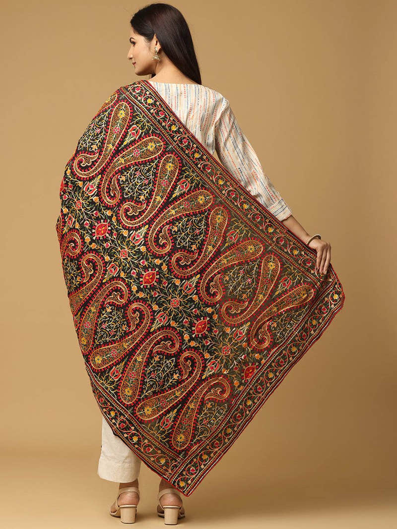 Black Ornate Rust Paisley Pashmina Dupatta