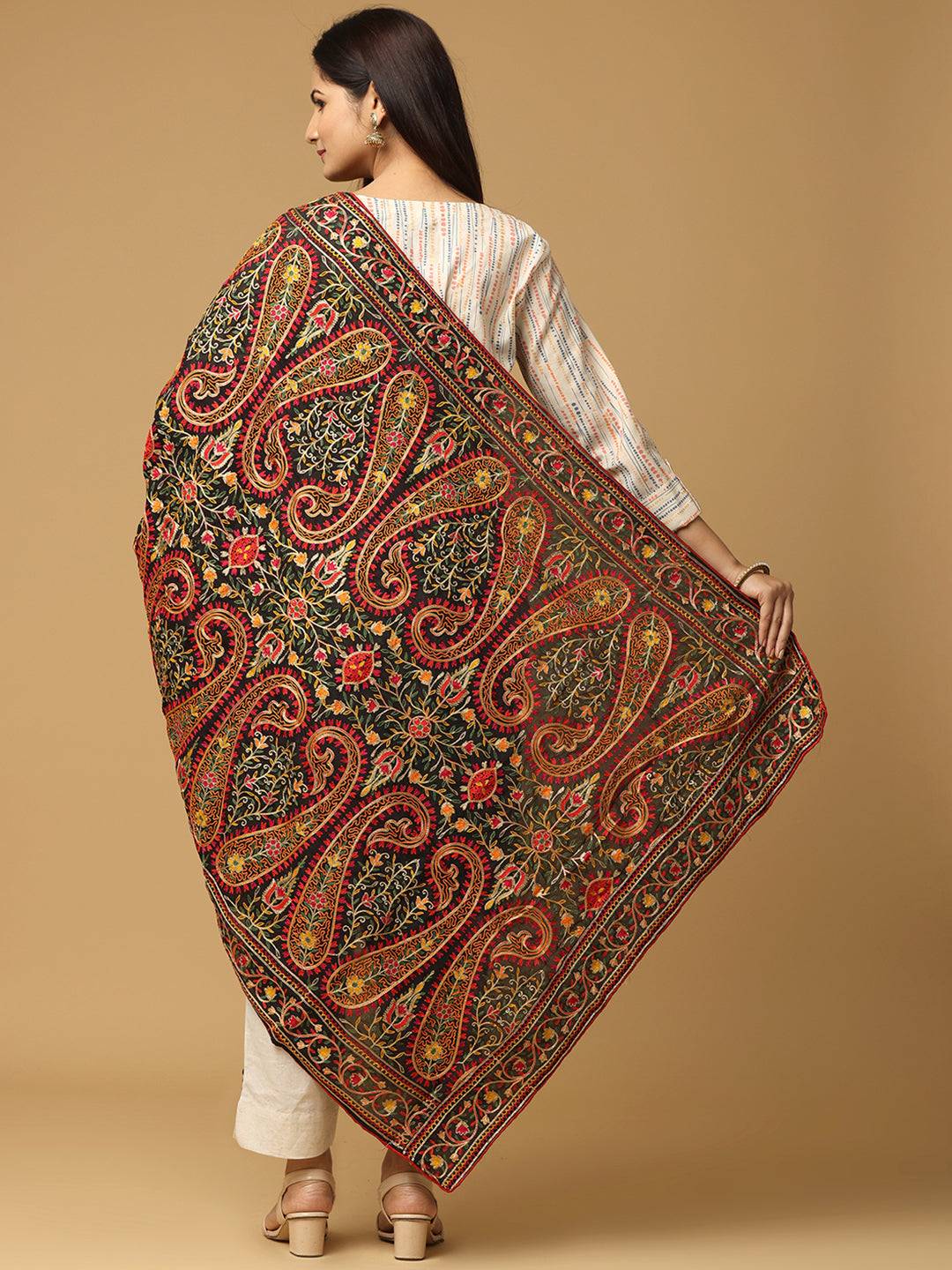 Back view of black chiffon dupatta with vibrant thread motifs