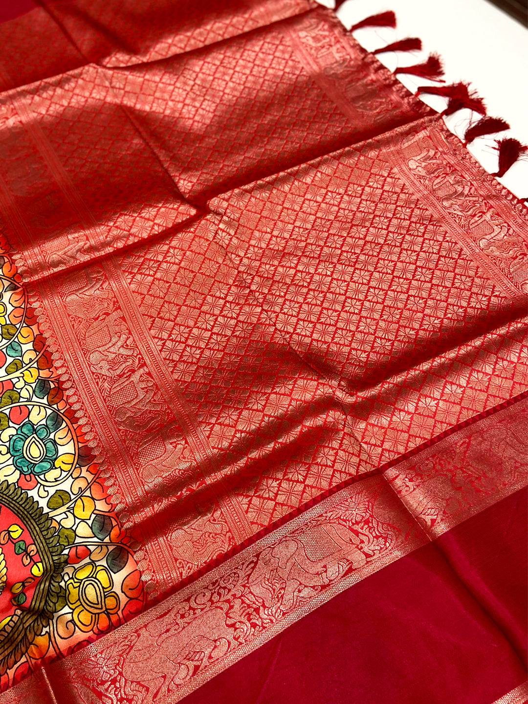 Vibrant Cream Banarasi Kalamkari Silk Saree
