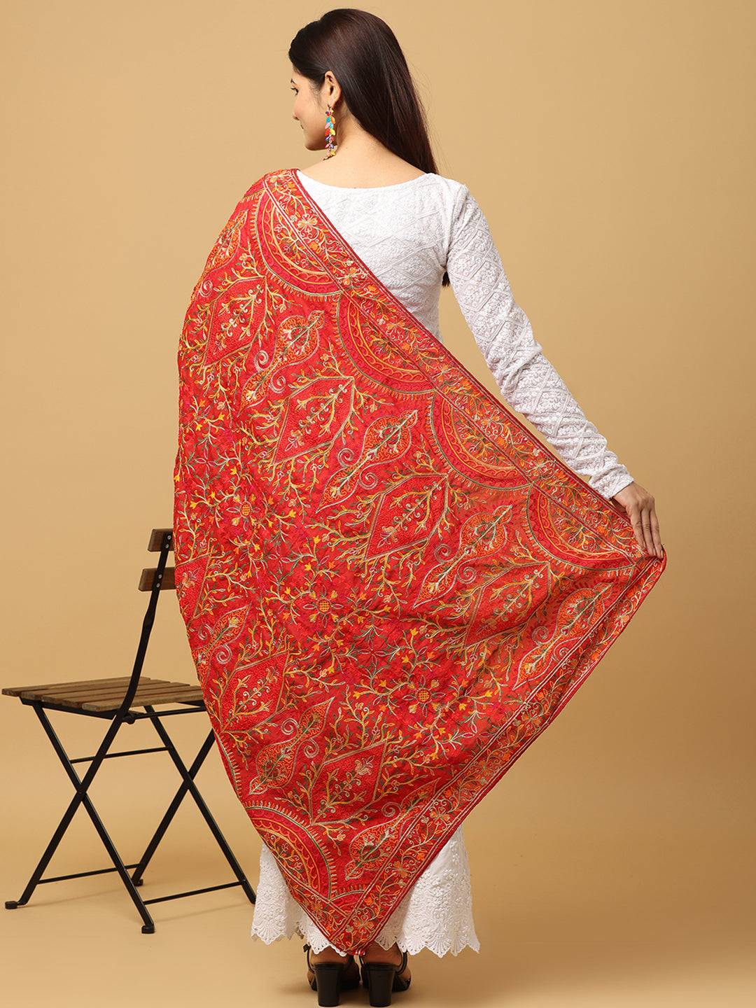 Back view of red poly chiffon pashmina dupatta with embroidery.