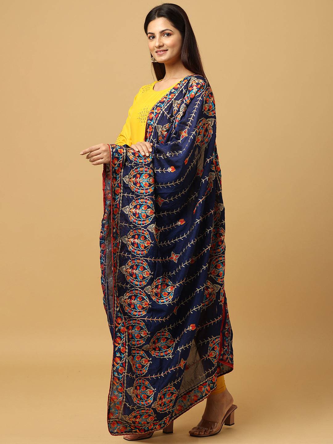 Side view of navy chiffon dupatta showcasing detailed threadwork.